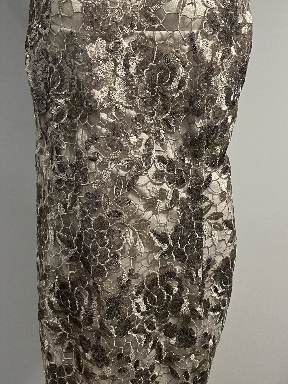 ADRIANNA PAPELL Metallic Taupe & Lace Midi SPECIAL OCCASION Dress 16W ORIG $155+